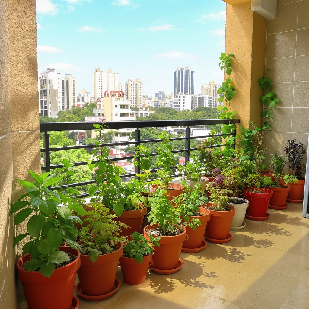 Indian apartment balcony herb garden with mint tulsi coriander plants