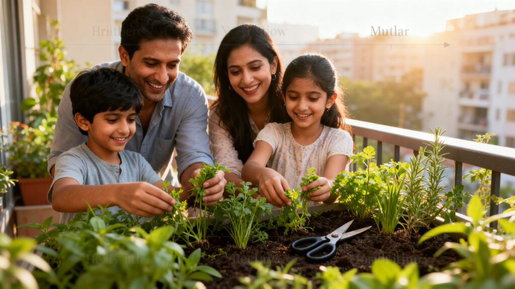 Happy Indian family with successful balcony herb garden