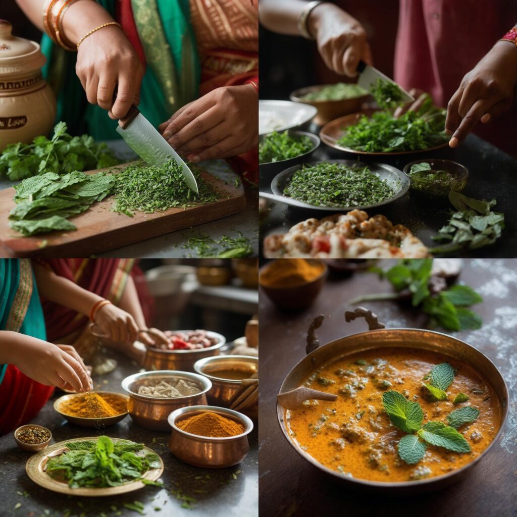 Fresh homegrown herbs being used in traditional Indian cooking