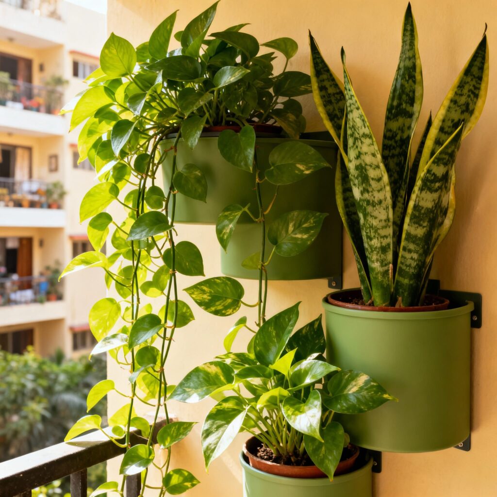 "Fresh herbs vertical garden mint basil curry leaves containers Indian kitchen"