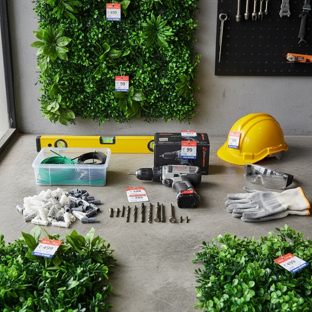 vertical garden tools drill plugs materials flatlay