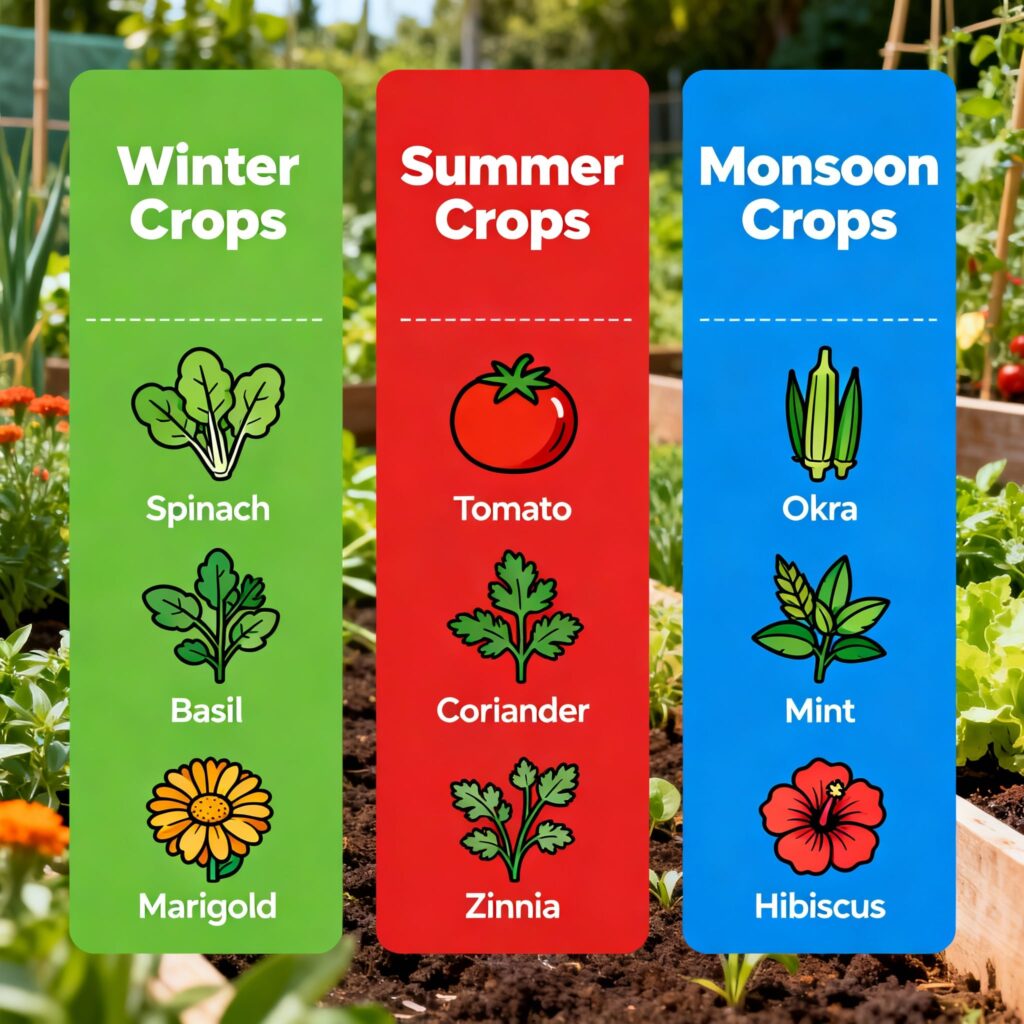 "Vertical garden plants chart India beginners spinach mint tomatoes growth timeline"