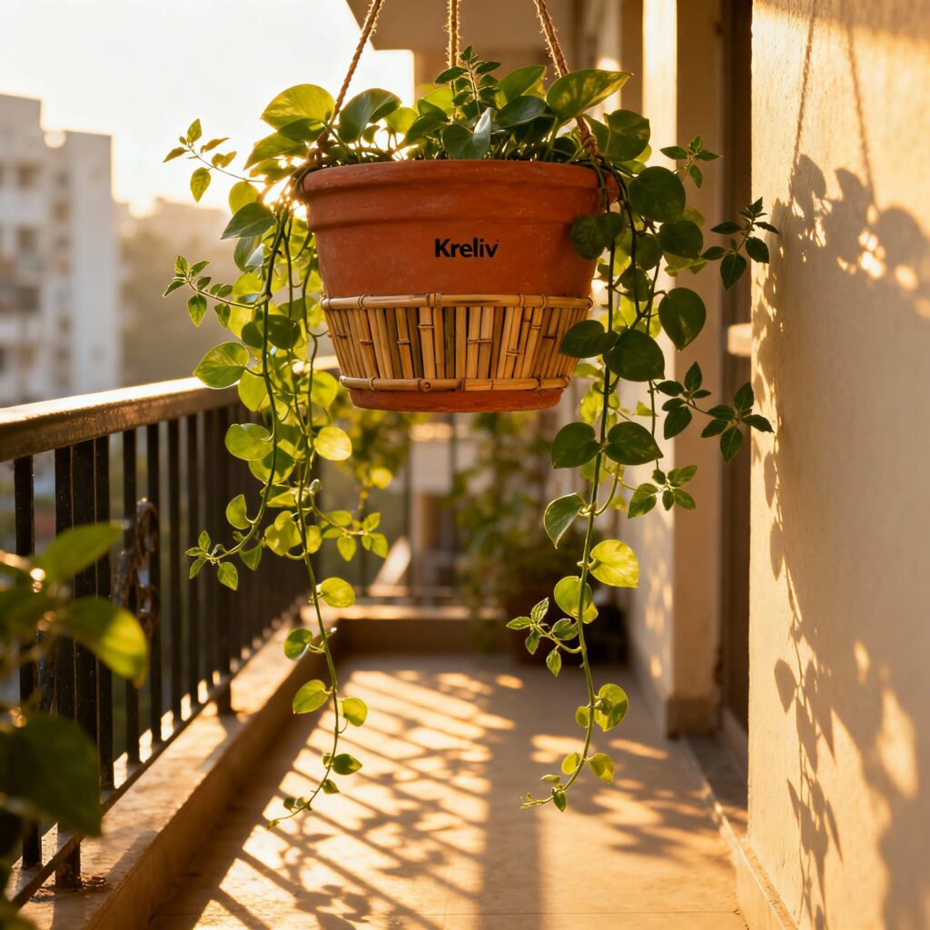 kreliv bamboo terracotta hanging planter