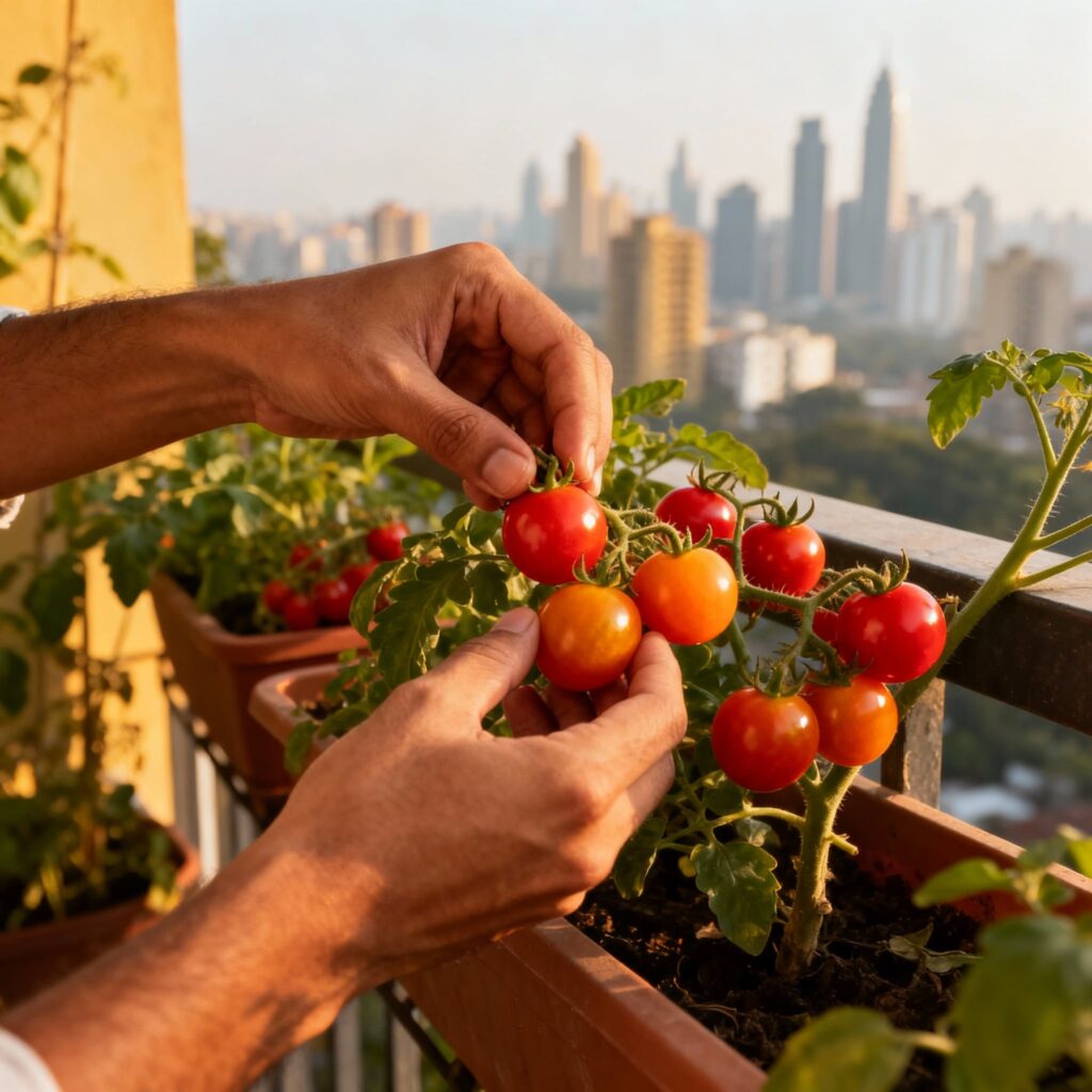 Harvesting cherry tomatoes balcony